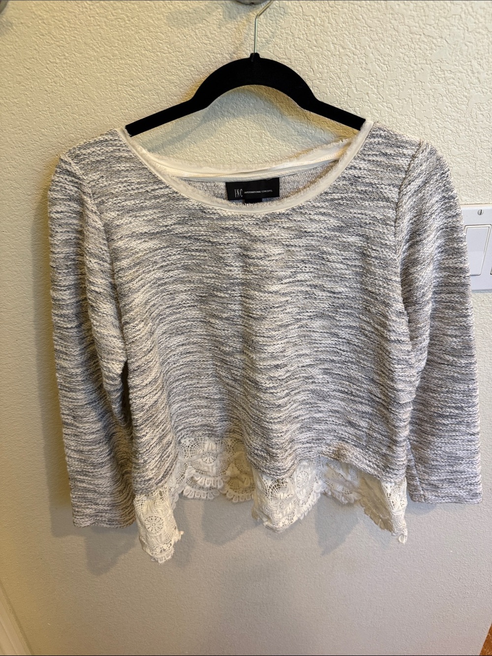 INC International Concepts Gray & White Marled Sweater with Lace Trim